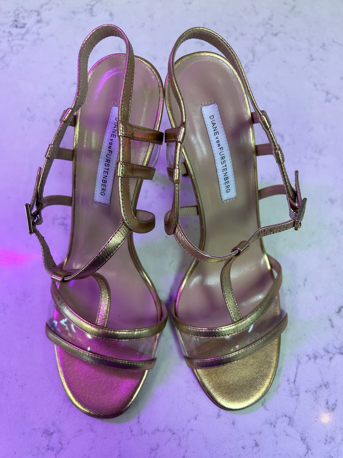 Diane Von Furstenberg "Gold Leather Viola Strappy Heels"