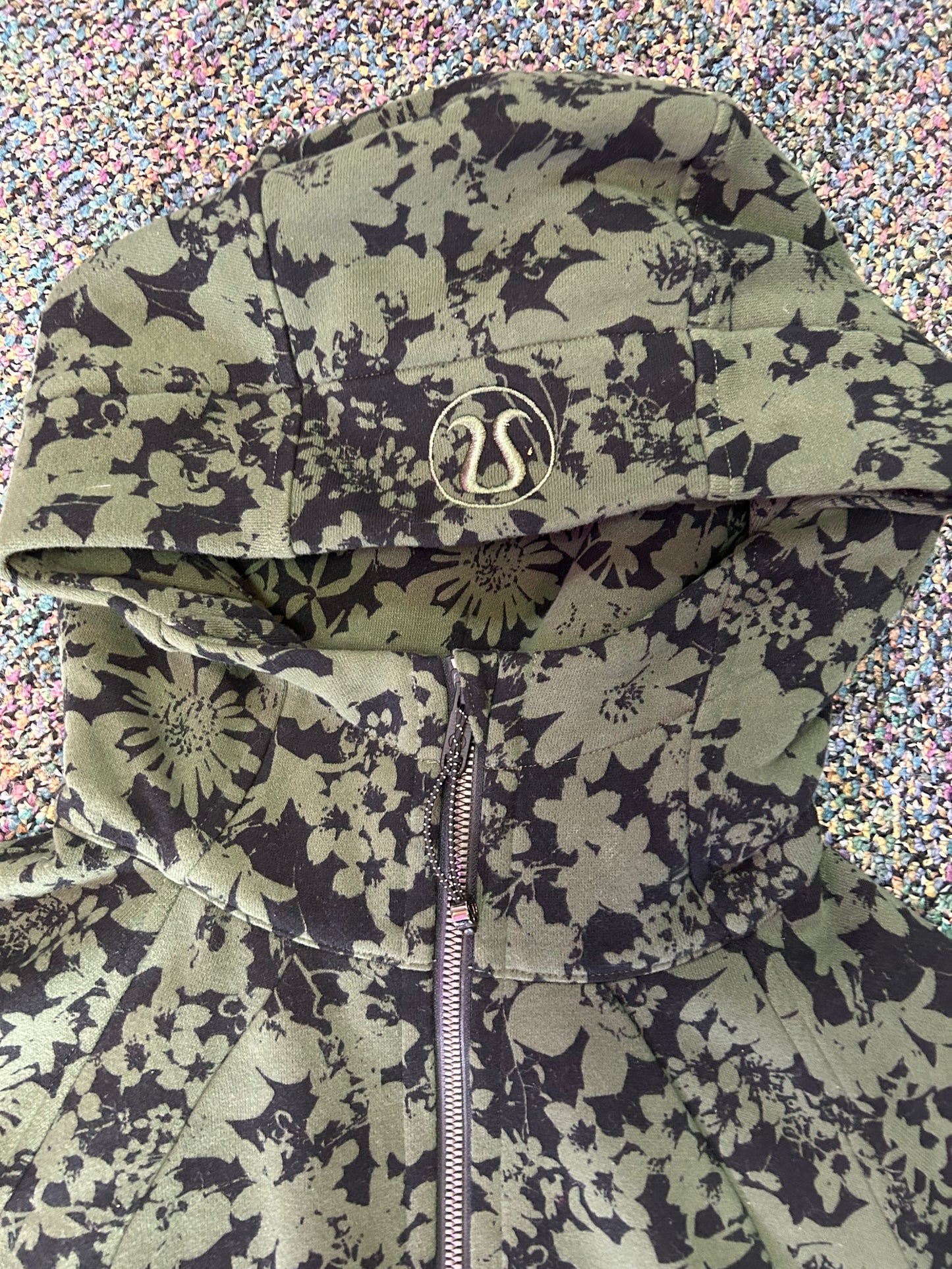 Lululemon "Green and Black Floral Scuba Full Zip"