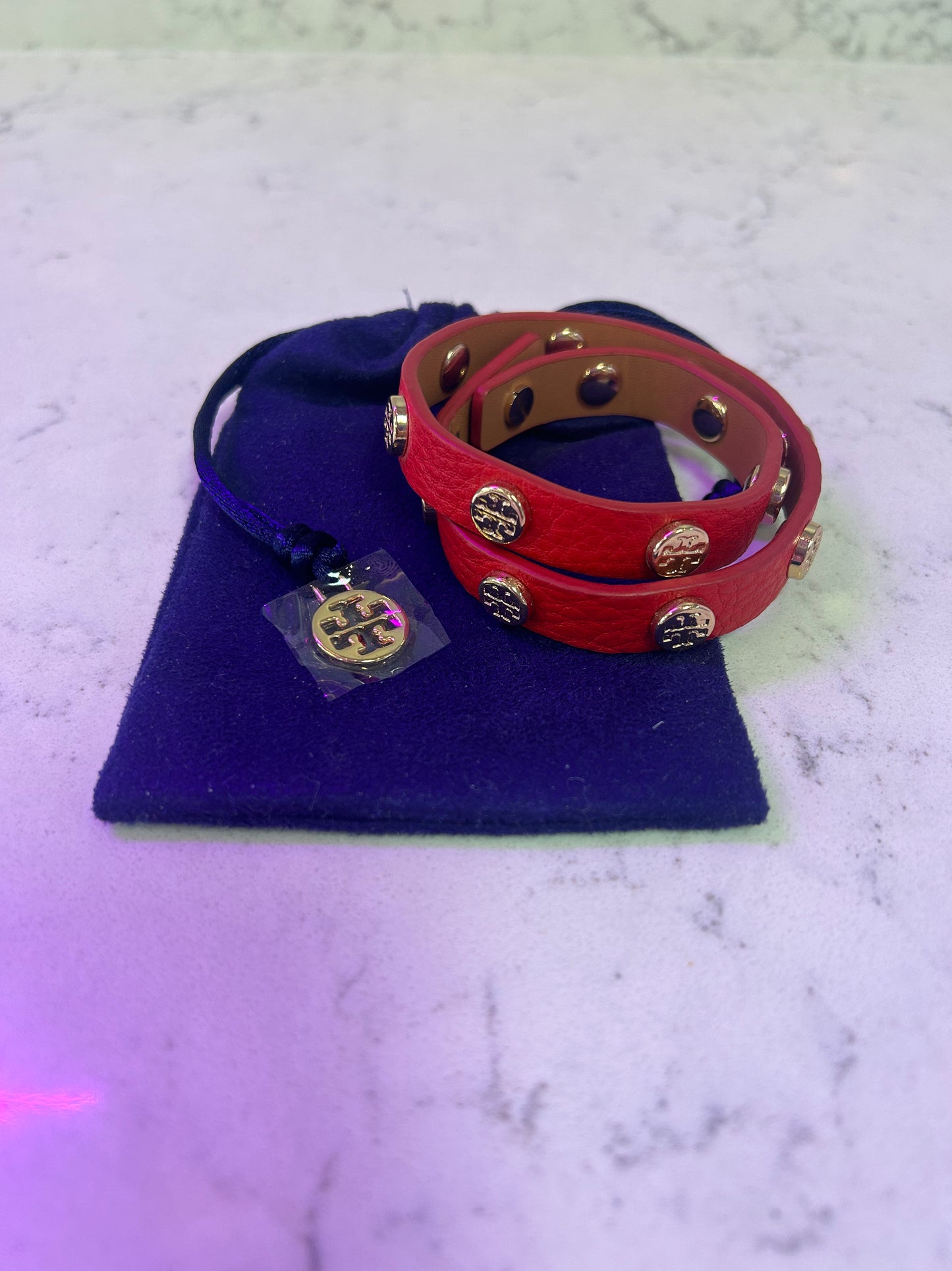 Tory Burch "Red Logo Leather Wrap Bracelet"