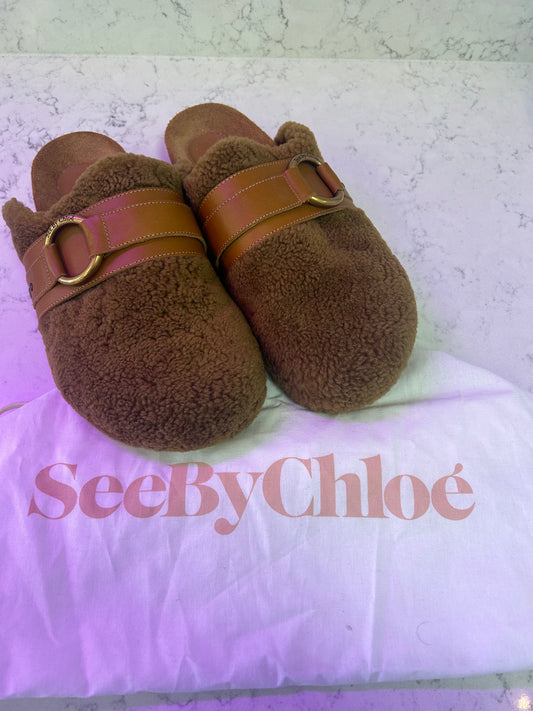 See By Chloe "Gema Embellished Leather-Trimmed Shearling Slippers"