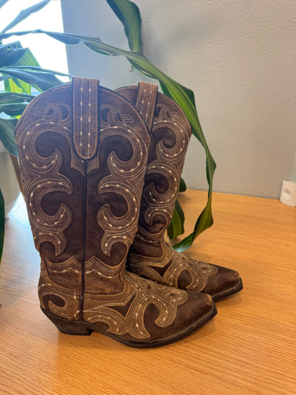 NO BRAND 7 Brown genuine leather cowboy boots w/ tan design