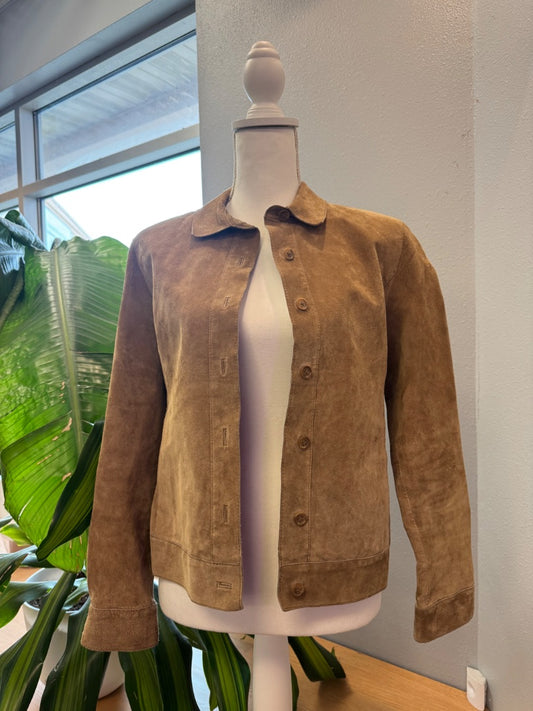 Isaac Mizrahi M Tan genuine leather button up blazer
