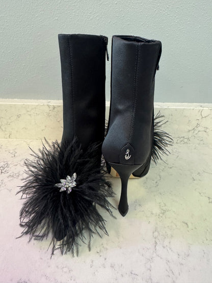 Sam Edelman 6.5 Black tall calf heel feathers/gems