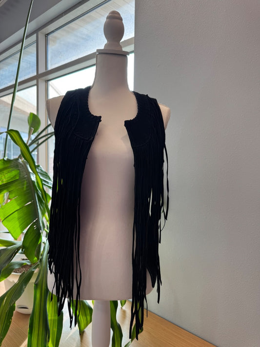 Guess XS Black genuine leather fringe vest