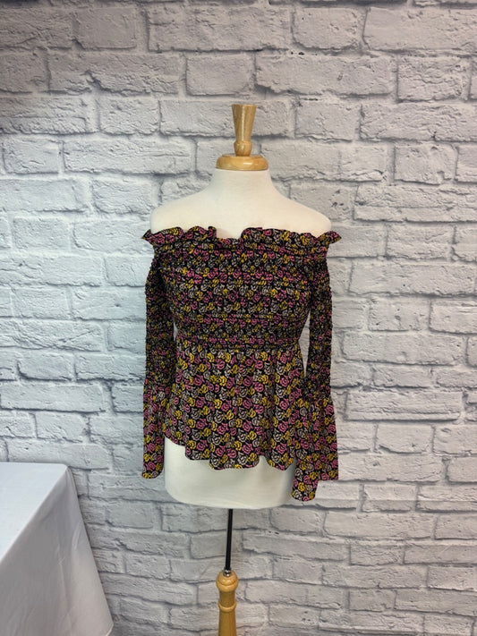 A.L.C. S Black/Pink Floral off shoulder bell sleeve