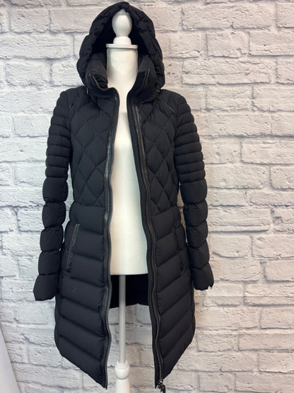 Mackage L Black Down midi jacket w/ hood/leather accents