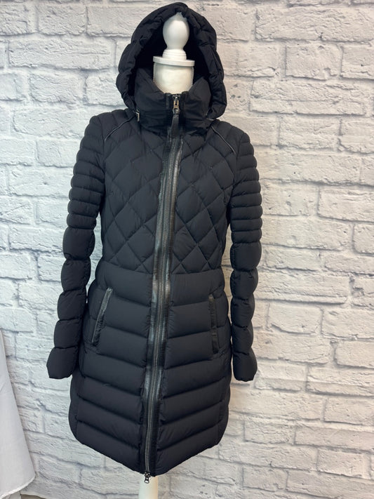 Mackage L Black Down midi jacket w/ hood/leather accents