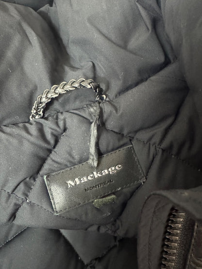 Mackage L Black Down midi jacket w/ hood/leather accents
