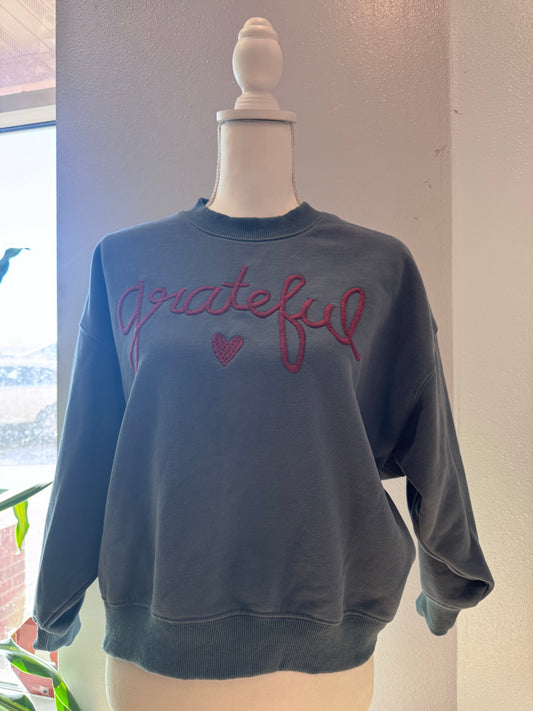 Natural Life XS Blue LS crewneck w/ red "grateful"