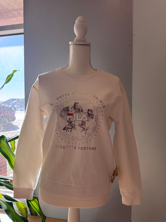 Fila M White LS crewneck w/ holographic zodiac graphic