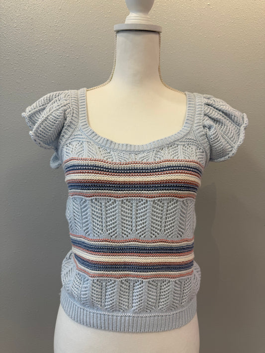 Bibi S Blue /pink/cream crochet square neck ruffle sleeve