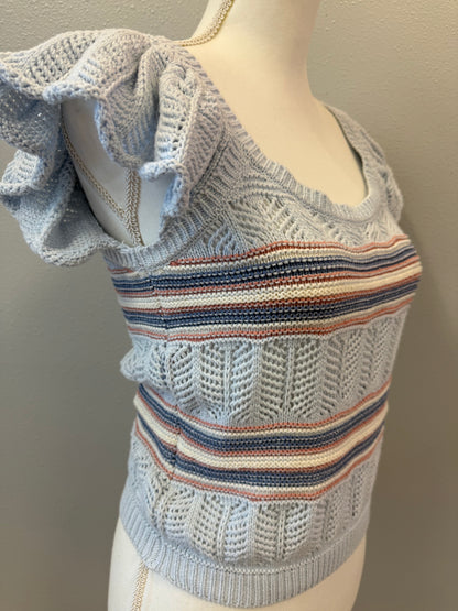 Bibi S Blue /pink/cream crochet square neck ruffle sleeve