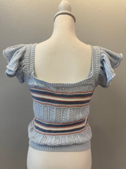 Bibi S Blue /pink/cream crochet square neck ruffle sleeve