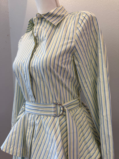 Derek Lam 0 Yellow/Blue LS stripe bttnfrnt belted