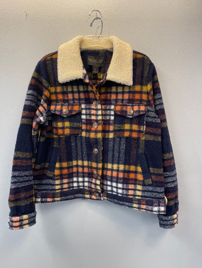 Rachel Zoe XL Blue /yellow plaid button up shacket w/ sherpa collar NWT
