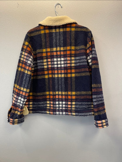 Rachel Zoe XL Blue /yellow plaid button up shacket w/ sherpa collar NWT