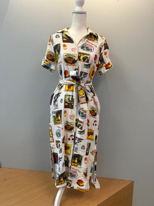 Jane & Delancey S White LINEN blend colorful ooduce/tropical print SS bttn up tie waist