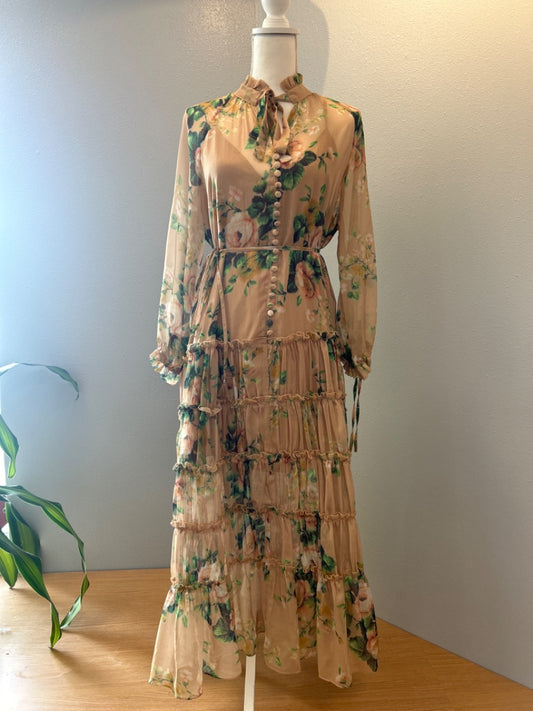 L’Atiste L Tan Sheer LS ruffle maxi w/ belt/slip