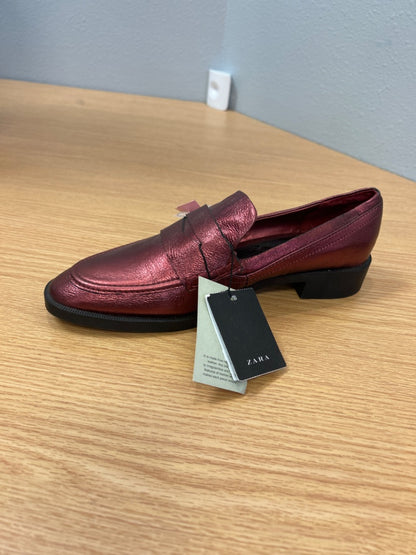 Zara 8 Red metallic leather slip on loafers NWT