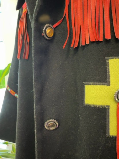 Mary Lou Ozbolt Storer S Black /red 100% wool jacket w/ fringe/embroidery