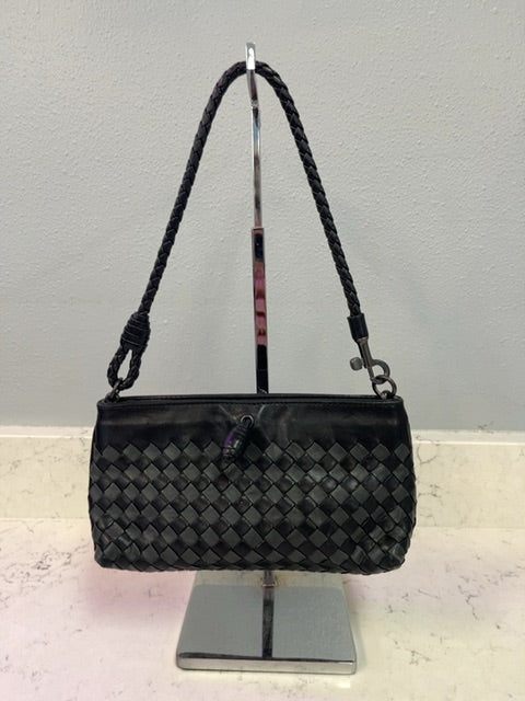 Bottega Veneta  Black Woven Leather Mini Baugette