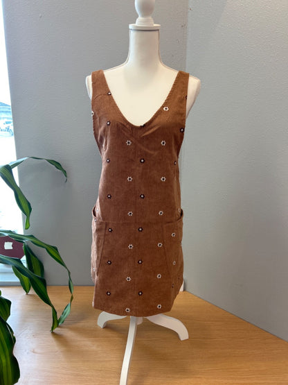 hem & thread S Brown corduroy overall dress / florals NWT