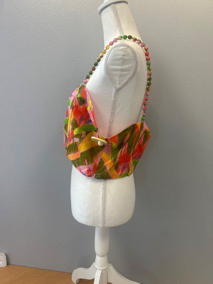 Farm Rio L pink/green.orange covered bead strap, leaf pattern, cropped
