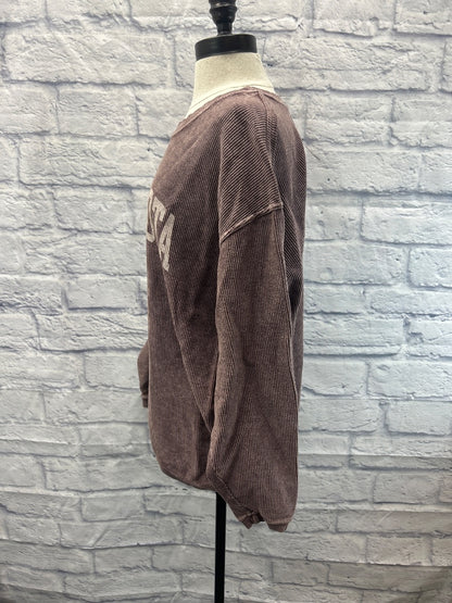 Oat Collective M Brown ribbed LS crewneck w/ "MN" graphic