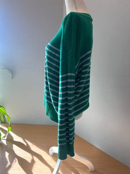 Loft L Green Knit LS sweater w/ blue stripes