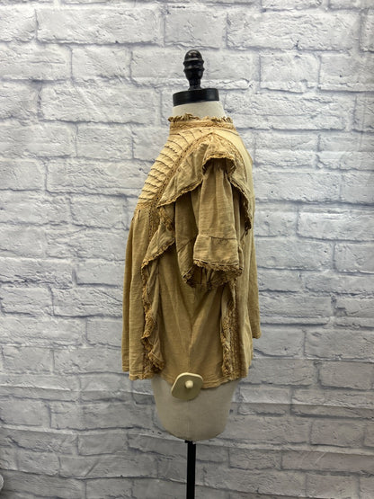 Free People M Tan mock neck pleated/lace ruffle SS FLOWY
