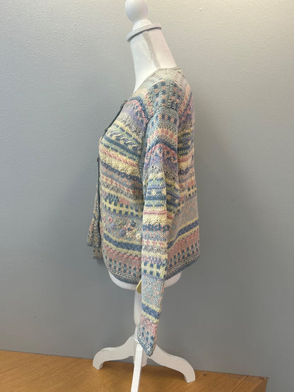 Sigrid Olsen L Blue cotton fair isle bttn up HAND KNIT cardi