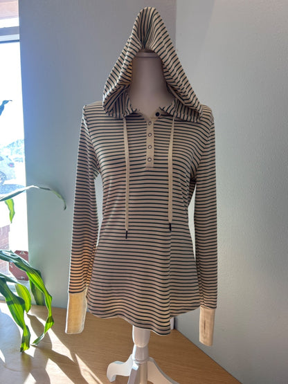 Doe & Rae S Tan /green striped LS hooded top