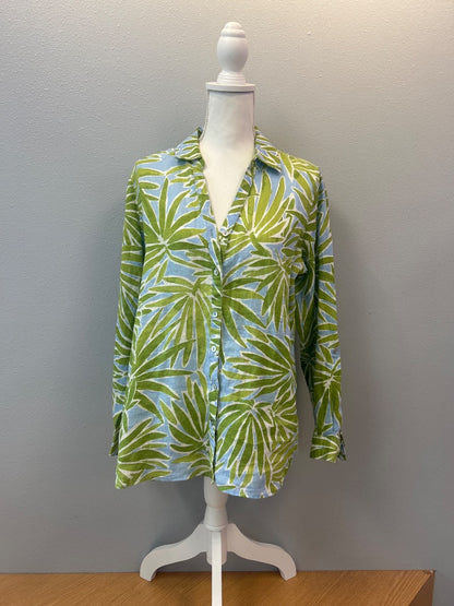 shannalee M Green /blue linen patterned LS bttn up