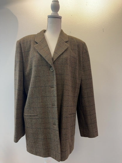 Coldwater Creek XL Tan 100% WOOL plaid LONG blazer