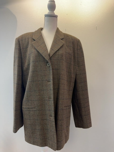 Coldwater Creek XL Tan 100% WOOL plaid LONG blazer