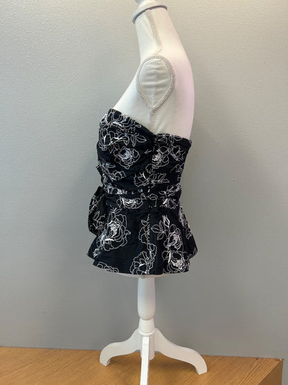 White House Black Market M Black /white embroidered tube top w/ tie