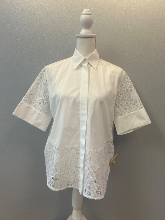 judith & charles XS White collared SS bttn up w/ lace accents