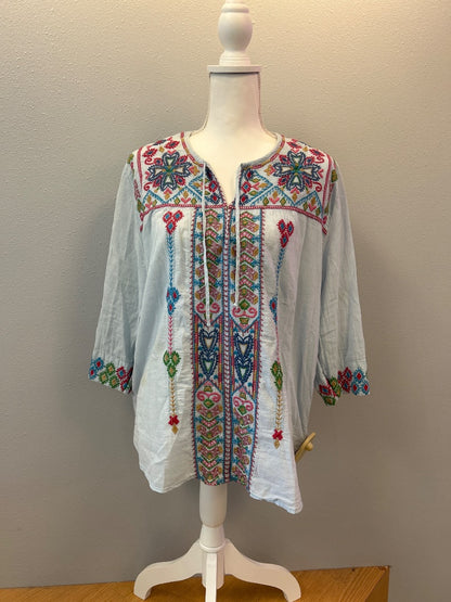 Johnny Was M Blue v neck embroidered top tie neck