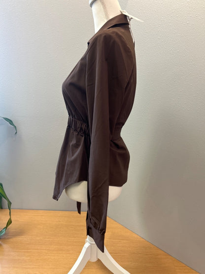 8 by yoox M/L Brown belted LS wrap top w/ sillver hardware NWT