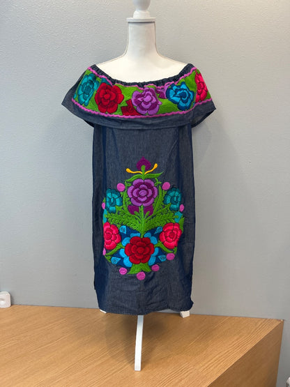 NO BRAND L Blue off shoulder denim mini w/w floral embroidery