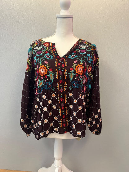 Johnny Was S purple/ornge/green v neck bttn front flowy floral embroidery