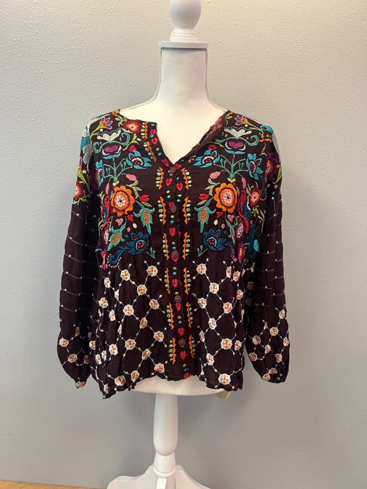 Johnny Was S purple/ornge/green v neck bttn front flowy floral embroidery