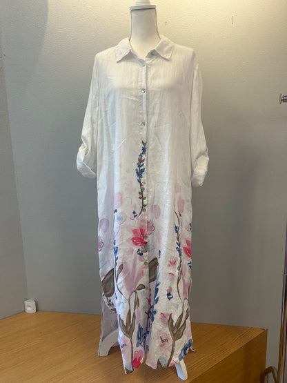 Charlie B XL White /pink/green linen floral LS bttn up maxi