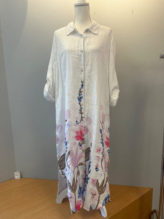 Charlie B XL White /pink/green linen floral LS bttn up maxi