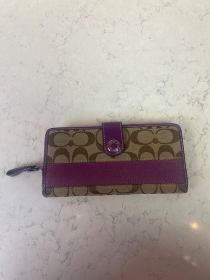 Coach  Tan /purple CC trifold zip wallet