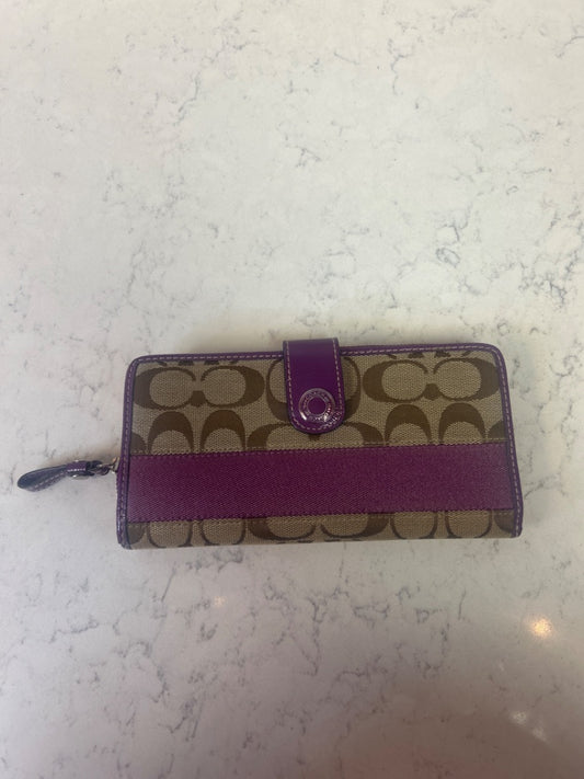 Coach  Tan /purple CC trifold zip wallet