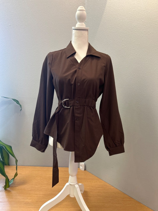 8 by yoox M/L Brown belted LS wrap top w/ sillver hardware NWT