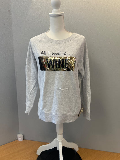 Kut from the Kloth M Gray LS crewneck w/ sequin "all i need is wine"