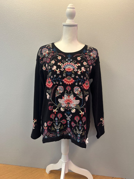 Johnny Was M Black/Pink u neck thermal waffle knit w/ floral embroidery