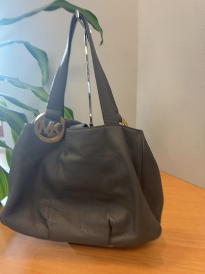 Micheal Kors  Gray Pebble leather 2handle w/ gold MK on strap AS IS